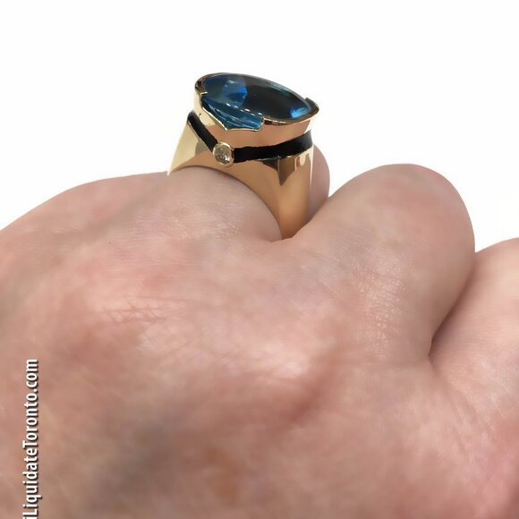 NWOT Custom Made Men's 10K YG Cushion Faceted Blue Topaz, Enamel & Diamond Ring - Picture 10 of 14